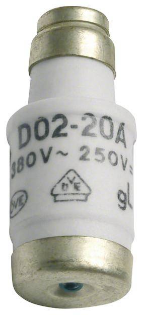 Un fusibile elettrico bianco con la scritta 'D02-20A 380V~ 250V='.