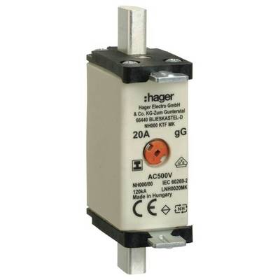 Interruttore 'Hager' con protezione da 20 Ampere e tensione nominale 500 Volt, modello NH000 KTF MK, idoneo per circuiti elettrici.