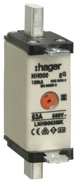 Fusibile NH di marca 'Hager', modello NH000, tipo gG, specifiche tecniche: 63A, 500V, per la protezione di impianti elettrici.