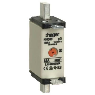 Fusibile NH di marca 'Hager', modello NH000, tipo gG, specifiche tecniche: 63A, 500V, per la protezione di impianti elettrici.