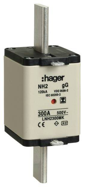 Fusibile Hager, modello NH2 gG, 300A 500V, conforme a IEC 60269-2 e VDE 0636-2, con marchio CE, 120kA.