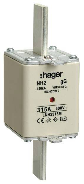 'Dispositivo di sicurezza Hager NH2 gG, 120kA, 315A, 500V, VDE 0636-2, IEC 60269-2, LNH2315M' con logo del produttore.
