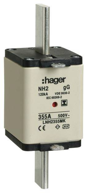 'Cartuccia fusibile NH2 Hager, 355A, 500V, con marchio di conformità CE e VDE. Involucro beige, contatti metallici di connessione.'