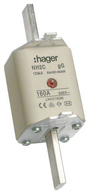 Fusibile di Hager, modello NH2C gG, 160A, 500V. Le marcature riportano le norme e le certificazioni.