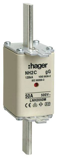 Fusibile marca Hager, tipo NH2C, 50A, 500V, per applicazioni di protezione elettrica.
