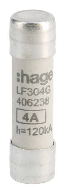 Fusibile cilindrico con cappucci metallici, contrassegnato con 'hager LF304G 406238 4A I=120kA', per protezione elettrica.