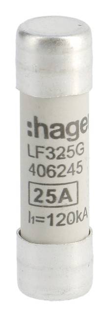 Un fusibile bianco Hager, modello LF325G, con la scritta '25A' e 'I=120kA', mostra specifiche tecniche.