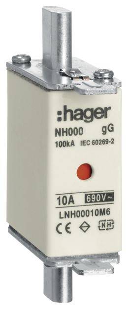 'NH000 gG Protezione di Hager, 100kA, IEC 60269-2, 10A, 690V~. Numero modello: LNH00010M6.'