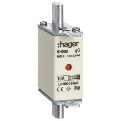 'NH000 gG Protezione di Hager, 100kA, IEC 60269-2, 10A, 690V~. Numero modello: LNH00010M6.'