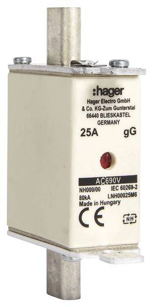 'Fusibile Hager, 25A, 690V, Hager Electro GmbH, Modello NH000, Standard IEC 60269-2, fabbricato in Ungheria.'