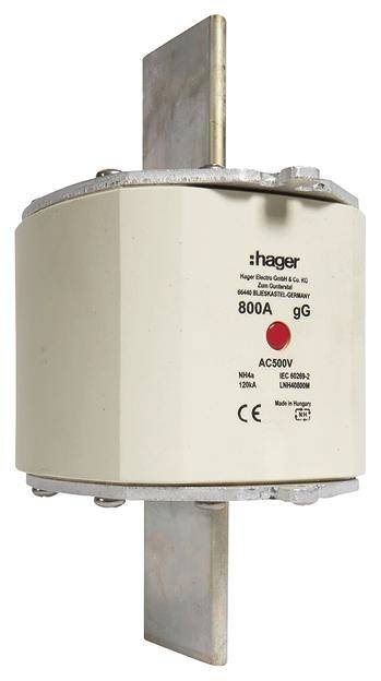 Fusibile ad alta tensione, 800A, 500V, Hager. Forma cilindrica con terminali metallici superiori e inferiori.