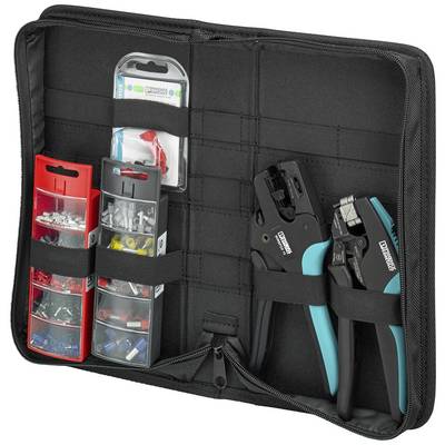 Set di utensili in una borsa di stoffa nera con pinze a crimpare a destra e vari connettori sul lato sinistro.