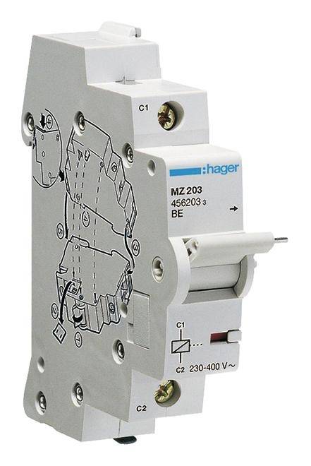 'Contattore unipolare, modello MZ 203 di Hager, per il controllo di carichi elettrici. Marcature per i morsetti C1 e C2 visibili.'