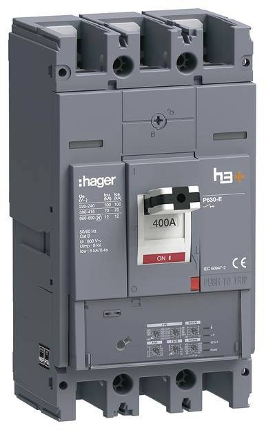 Un interruttore automatico tripolare della marca Hager, modello h3+, con corrente nominale di 400 Ampere, in posizione 'ON'.