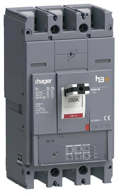 Un interruttore automatico tripolare con capacità di 250A, contrassegnato 'Hager' e 'h3+', adatto per quadri elettrici.