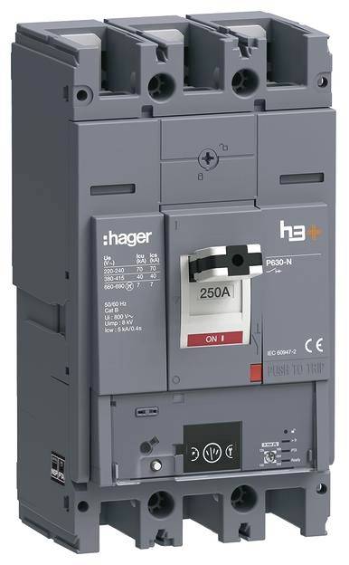 Un interruttore magnetotermico grigio Hager con la scritta '250A'. Dispone di tre connessioni e interruttori per la regolazione e la protezione della corrente.