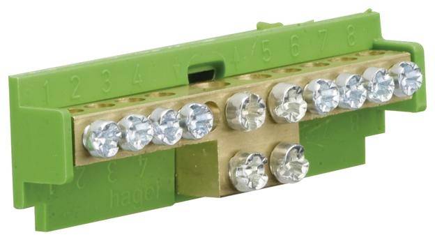 Morsettiera verde con otto attacchi numerati e viti, idonea per installazioni elettriche.