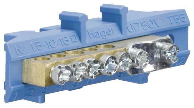 Morsettiera elettrica in plastica blu e metallo, idonea per molteplici connessioni di cavi in un sistema di distribuzione elettrica.