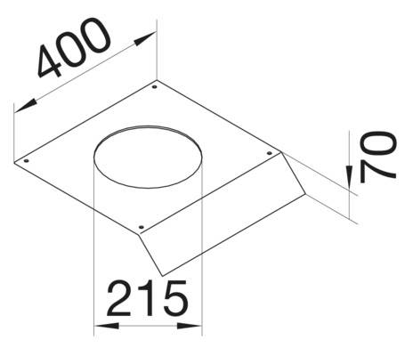 Disegno tecnico di un componente rettangolare con un taglio centrale rotondo, dimensioni: 400 x 215 mm; altezza: 70 mm.