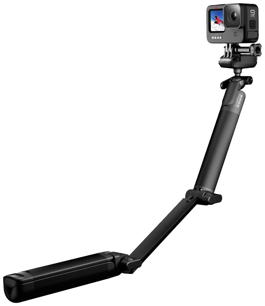 Una action camera è posizionata su un treppiede flessibile e portatile, inclinata di lato. Sullo schermo è visibile uno squalo.