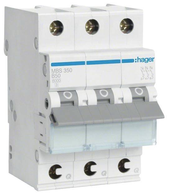 Un interruttore magnetotermico tripolare marca Hager, modello MBS 350 B50, con striscia blu e scritte sul frontale.