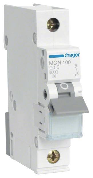 Un interruttore automatico bianco della marca 'hager' con la marcatura 'MCN 100 C0,5 6000'.
