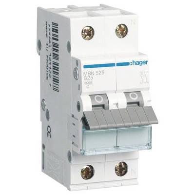 Interruttore automatico di protezione Hager, modello MBN 525 B25, con frontale blu e grigio, idoneo per 6000 ampere.