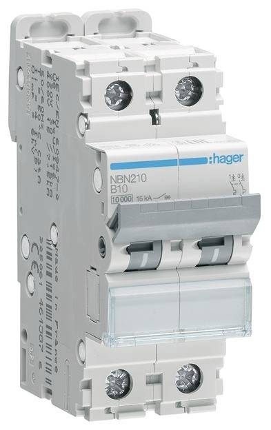 Un interruttore magnetotermico bianco a doppio polo della marca Hager con etichette 'NBN210' e 'B10', 10.000 A.