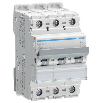 'Interruttore magnetotermico tripolare marca Hager, modello NCN310, con corrente nominale di 10 A e potere di interruzione di 10 kA.'