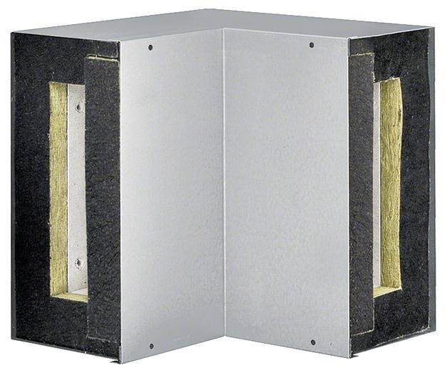 Pannelli a parete isolati che formano un angolo, con sezione aperta per mostrare la struttura di isolamento in materiale grigio e l'isolamento interno.