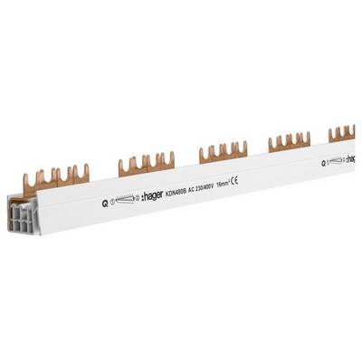Un connettore per barre di rame con più attacchi, contrassegnato come 'Hager KDN463B AC 230/400V 16mm²'.