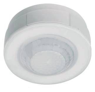 Un rilevatore di movimento rotondo, bianco, con un'area centrale del sensore trasparente, progettato per il montaggio a soffitto.