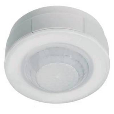 Un rilevatore di movimento rotondo, bianco, con un'area centrale del sensore trasparente, progettato per il montaggio a soffitto.