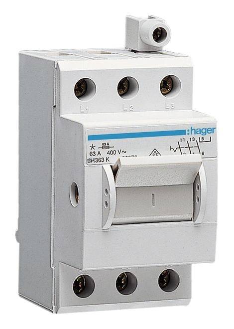 Un interruttore automatico Hager tripolare con interruttore a leva, idoneo per 63 A e 400 V, per il controllo di circuiti elettrici.