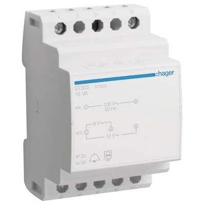 Un trasformatore elettrico Hager, modello ST305, 16 VA, con specifiche di ingresso e uscita, idoneo per il montaggio su guida DIN.