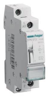 Un interruttore magnetotermico bipolare Hager, modello EPN513, con involucro bianco e logo blu.