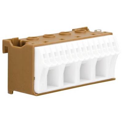 Un morsetto di plastica marrone con più slot bianchi per il cablaggio elettrico, con involucro isolante.