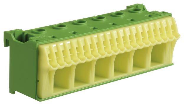 Scatola dei morsetti elettrici verde e gialla con molteplici passacavi, idonea per cablaggi industriali.