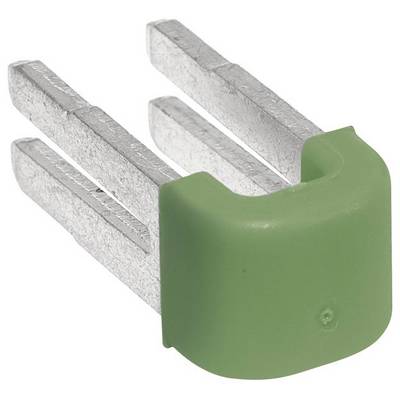 'Componente verde in plastica con tre perni metallici, probabilmente un componente elettrico.'
