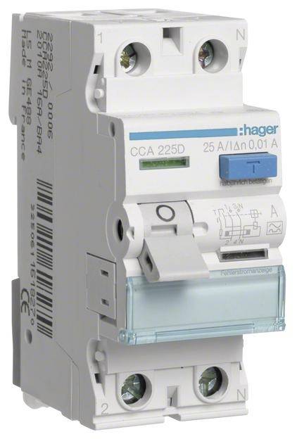 Un interruttore automatico magnetotermico Hager con la scritta '25 A/Idn 0,01 A', che mostra interruttori e connessioni. Utilizzato in circuiti elettrici.