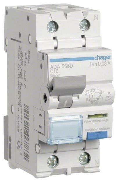 Un interruttore differenziale elettrico della marca Hager, modello ADA 566D, con corrente di 0,03 A, come indicato sul lato frontale.