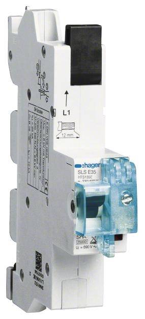 Un interruttore automatico magnetotermico bianco con pulsante blu, contrassegnato con 'hager SLS B25', per impianti elettrici.