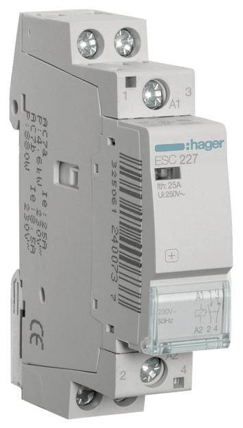 Un modulo di contattore grigio Hager, modello ESC 227, per 250V corrente alternata, 25A, con morsetti a vite e dispositivo di montaggio.