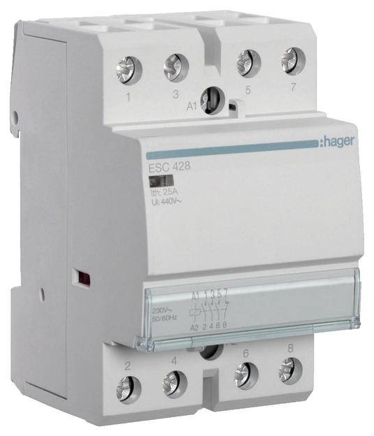 Un dispositivo bianco Hager, modello ESC 428, con più connessioni e un coperchio trasparente. Iscrizione: 'Im: 25A, Un: 440V~'.