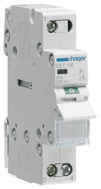 Un interruttore magnetotermico Hager da 16A con la sigla 'SBT 116', idoneo per 230V, destinato alla protezione di circuiti elettrici.