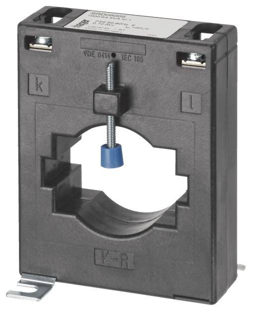 Un convertitore elettrico rettangolare con supporto a vite. Sopra e sotto sono visibili i connettori.