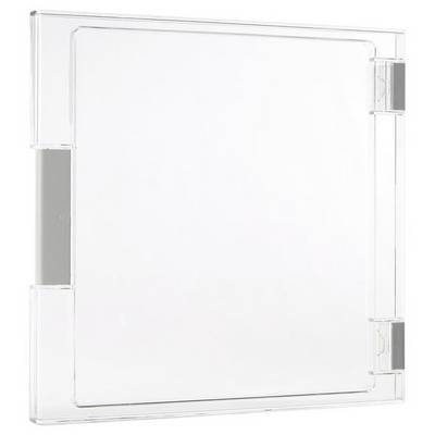 Custodia per CD trasparente in plastica, in piedi con coperchio aperto, non mostra etichette o contenuti CD visibili.