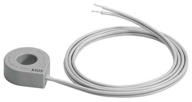 Sensore di corrente ad anello grigio con lunghi cavi bianchi e terminazioni spelate per la misurazione o il monitoraggio elettrico.