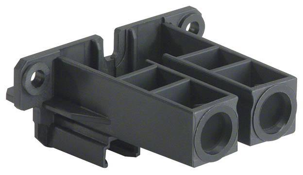 Elemento di plastica nero con due aperture rettangolari e due aperture cilindriche, probabilmente un componente di fissaggio.