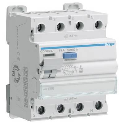 Un interruttore differenziale con la denominazione 'Hager CDF663D', dimensionato per 63 ampere con corrente di intervento di 0,03 ampere.